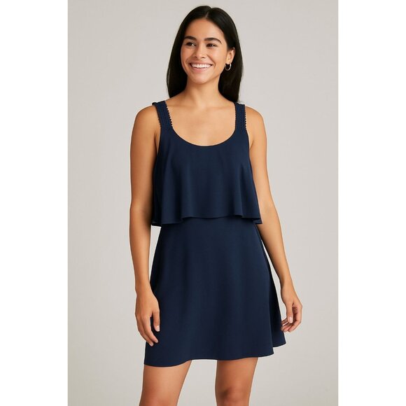 Anthropologie Maeve Navy Blue Crochet Strap Ruffle Overlay Mini Dress - Size 10 - Picture 1 of 10